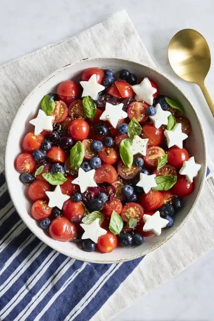 Blueberry Cherry Tomato Caprese Salad in bowl with basil and mozzarella