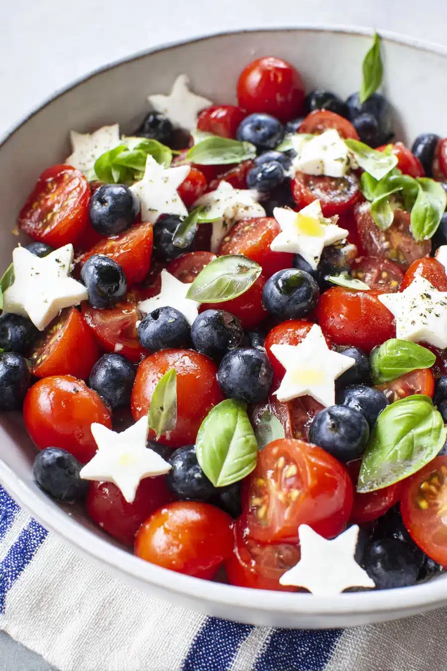 Blueberry cherry tomato caprese salad with mozzarella and basil in a white bowl