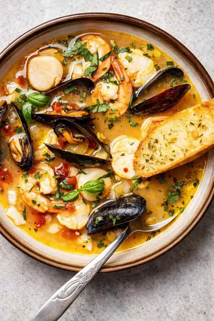 Bouillabaisse Recipe with shrimp mussels scallops and saffron broth