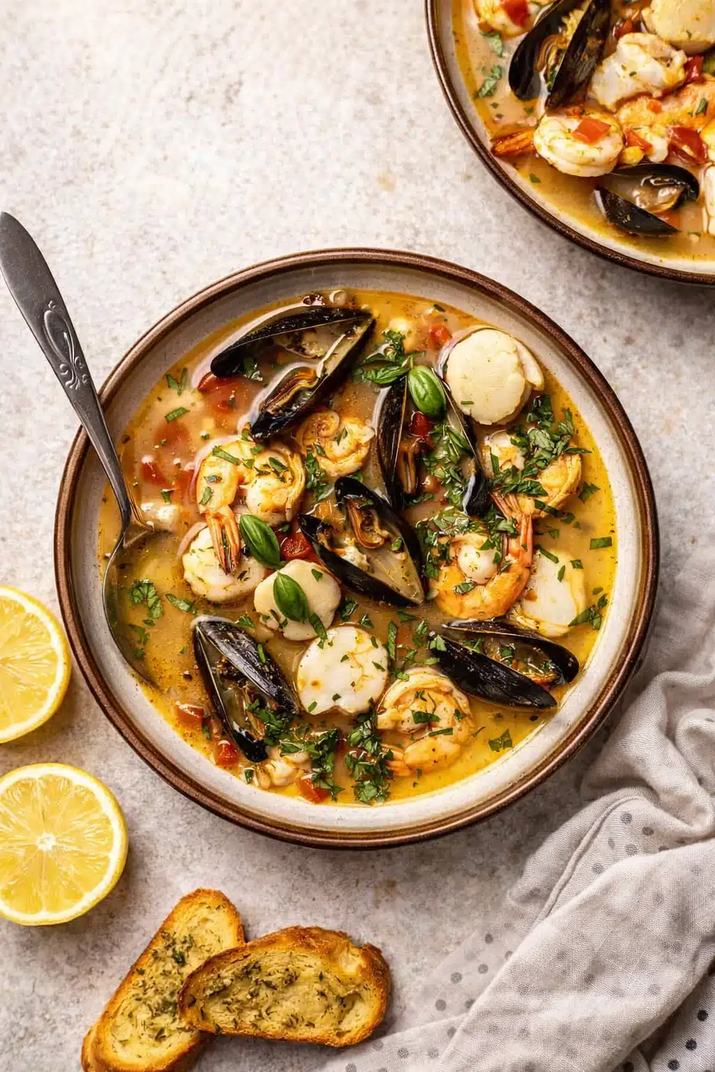 Bouillabaisse recipe with shrimp, mussels, and saffron broth served with toasted bread