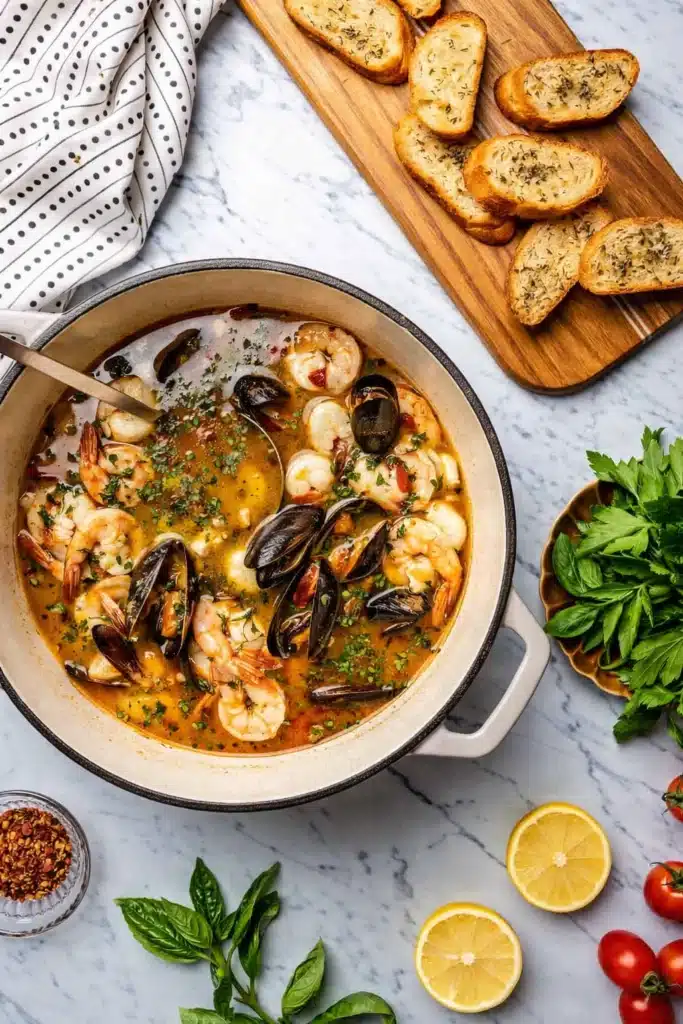 Bouillabaisse Recipe with shrimp mussels and saffron broth in pot