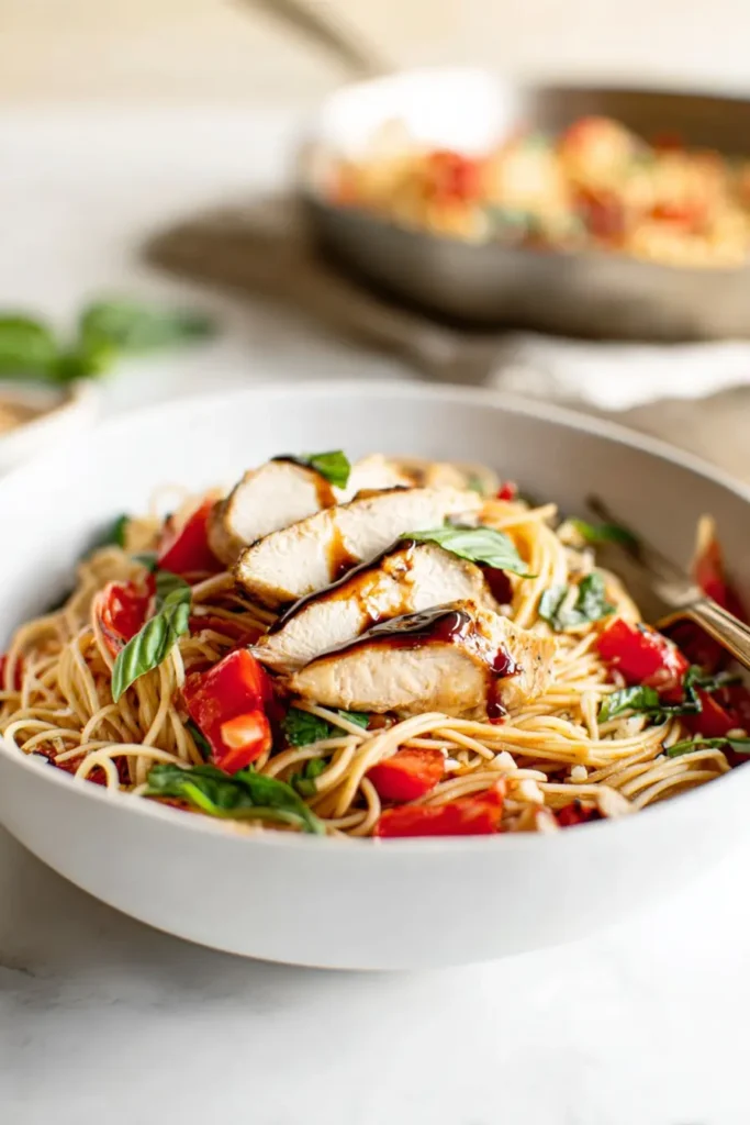 Bruschetta Chicken Pasta with grilled chicken, tomatoes, and basil in a white bowl