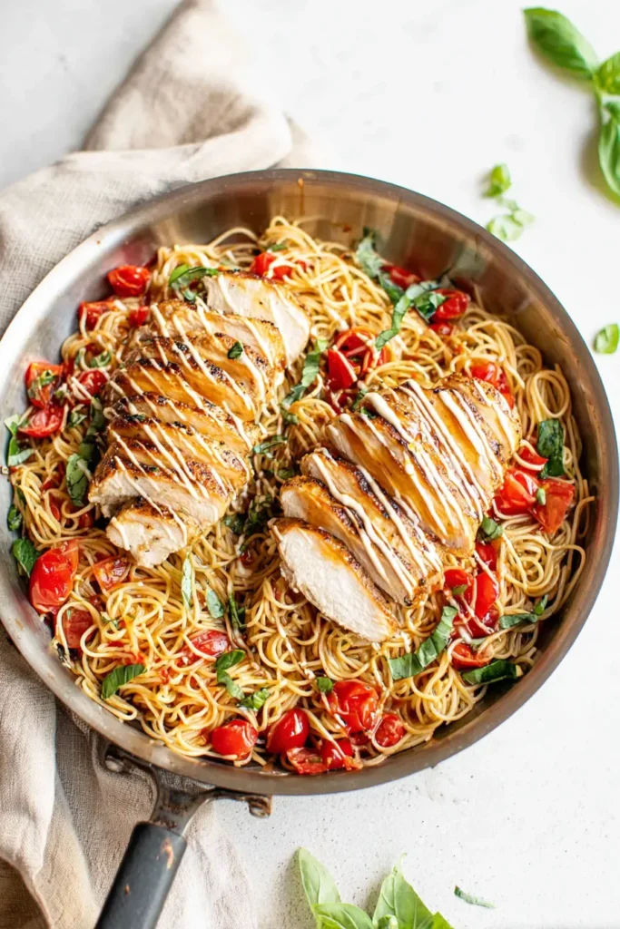 Bruschetta chicken pasta with grilled chicken, tomatoes, and basil in skillet