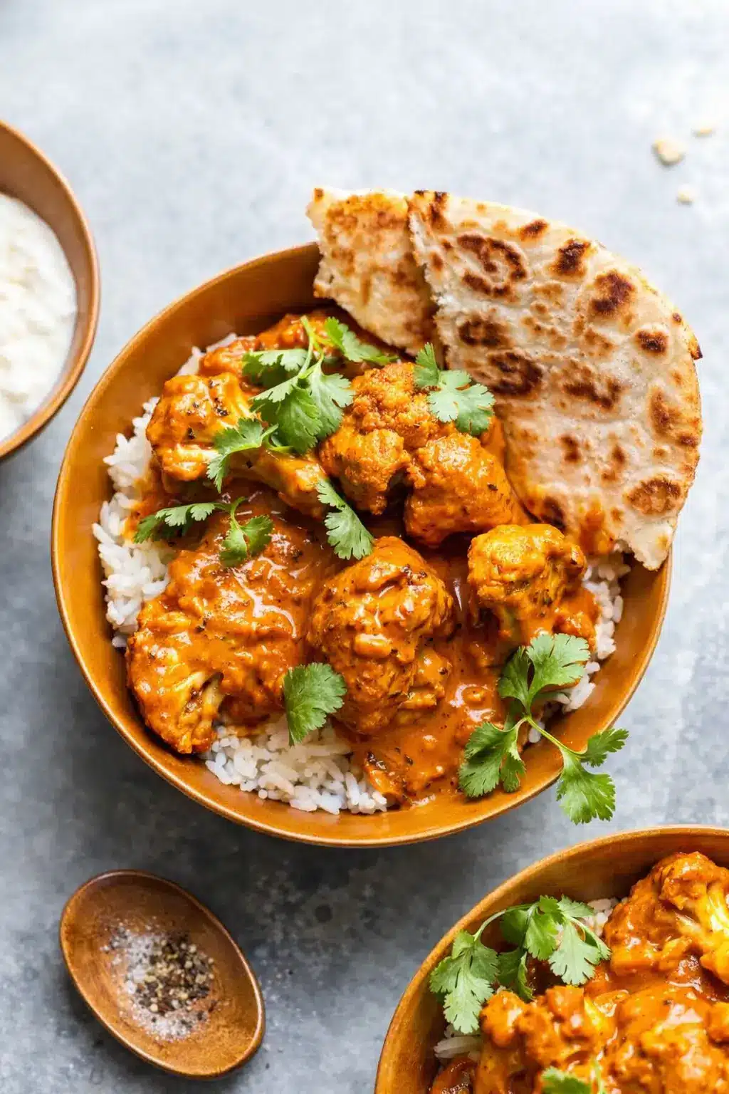 Butter cauliflower curry with rice, naan, and cilantro in a rustic bowl