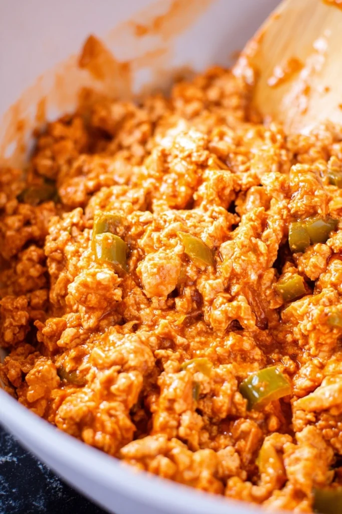 Cajun Chicken Sloppy Joes filling cooking with ground chicken and peppers