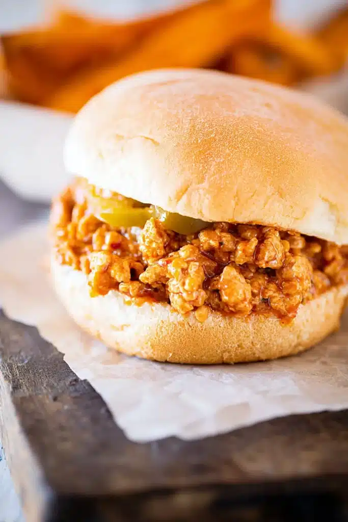 Cajun chicken sloppy joe sandwich with saucy ground chicken on toasted bun