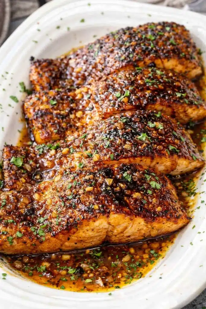 Cajun Honey Butter Salmon plated with garlic butter sauce and herbs