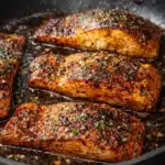 Cajun honey butter salmon in skillet with glossy garlic sauce and herbs