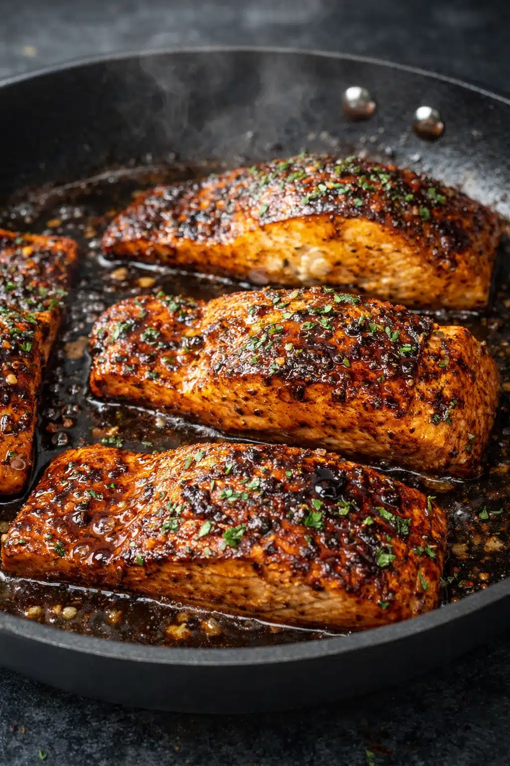 Cajun honey butter salmon in skillet with glossy garlic sauce and herbs