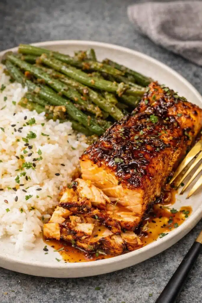 Cajun Honey Butter Salmon served with rice and green beans