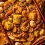 Cajun seafood boil with shrimp, crab legs, sausage, corn, and potatoes in garlic butter sauce