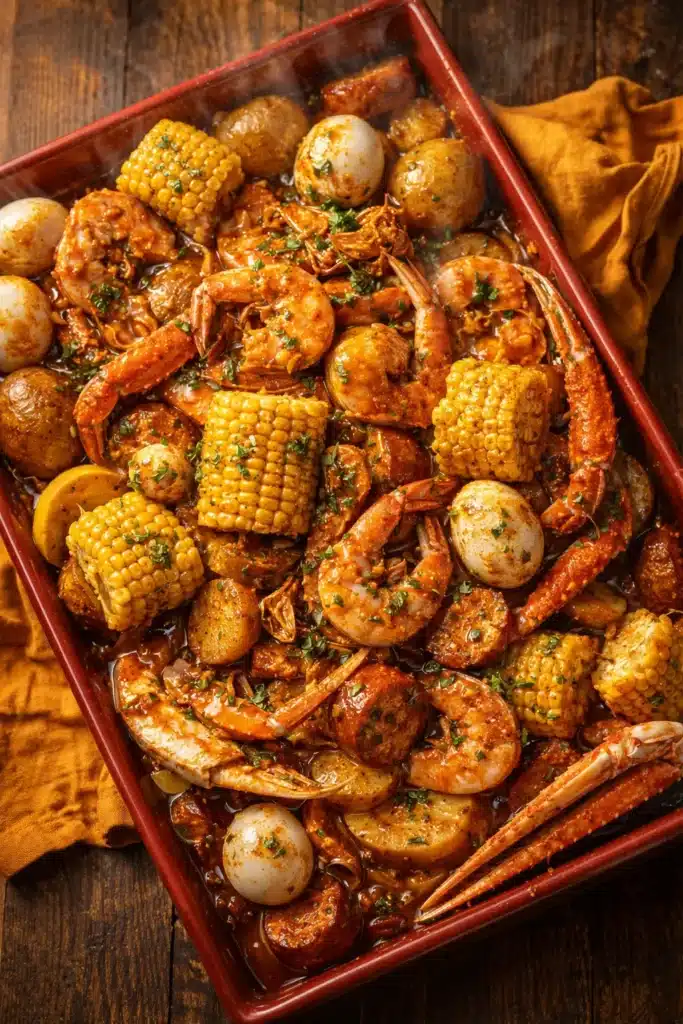 Cajun seafood boil with shrimp, crab legs, sausage, corn, and potatoes in garlic butter sauce