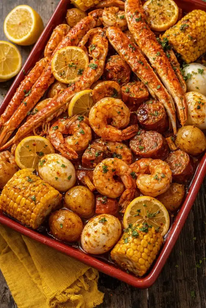 Cajun seafood boil recipe with shrimp, crab legs, sausage, corn, and potatoes in butter sauce