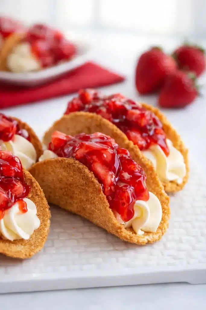 Cheesecake tacos with strawberry topping and creamy filling on marble surface