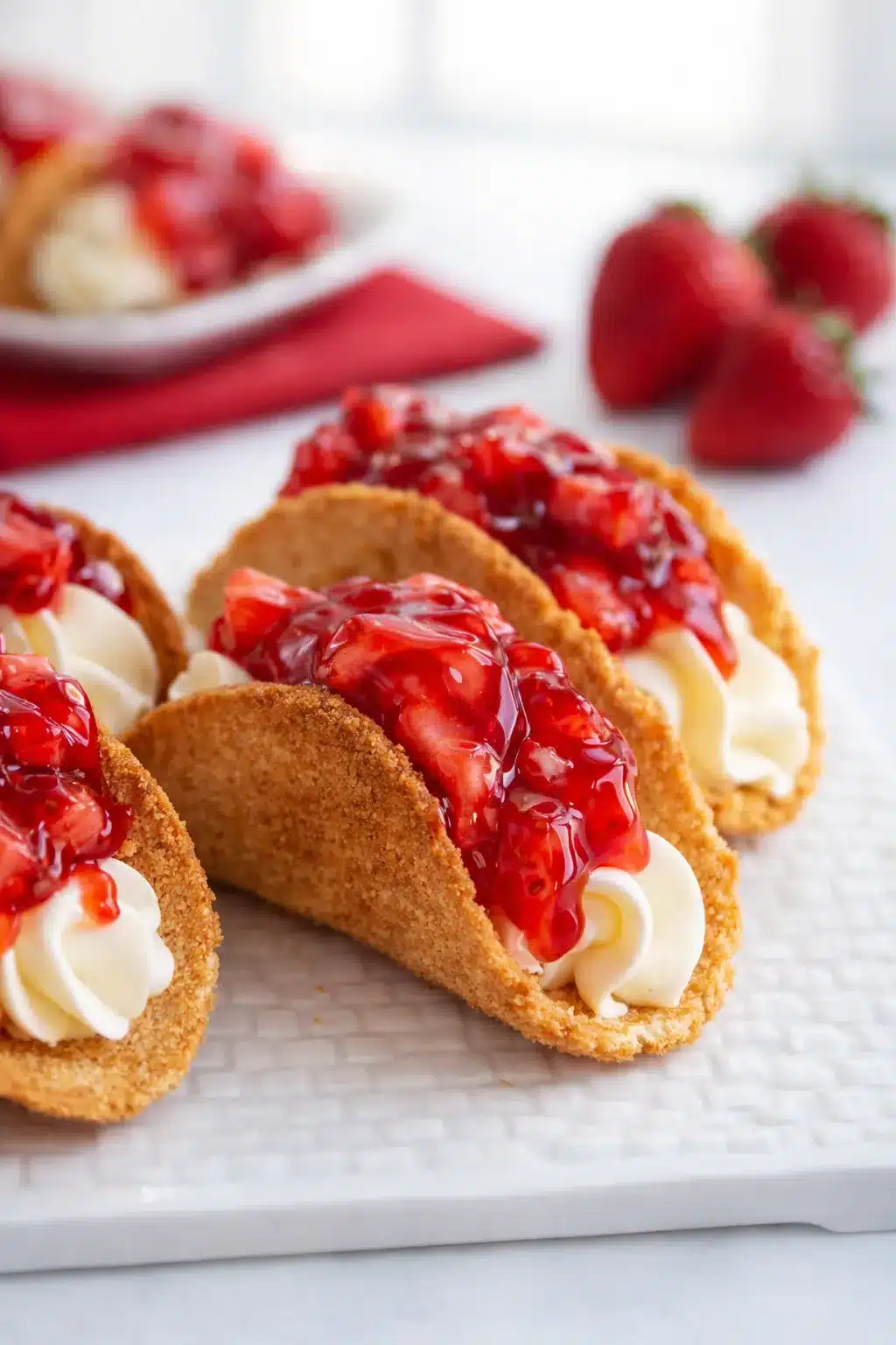 Cheesecake tacos with strawberry topping and creamy filling on marble surface