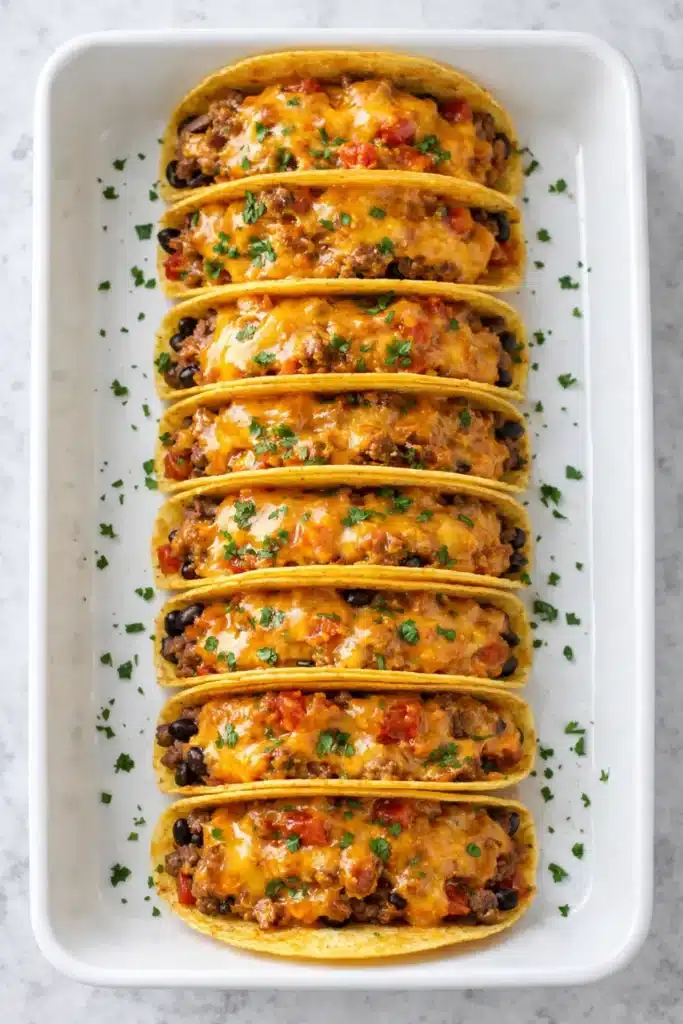 Baked Tacos: Crispy, Cheesy, and Easy Weeknight Favorite 11 Baked tacos with melted cheese and herbs in baking dish