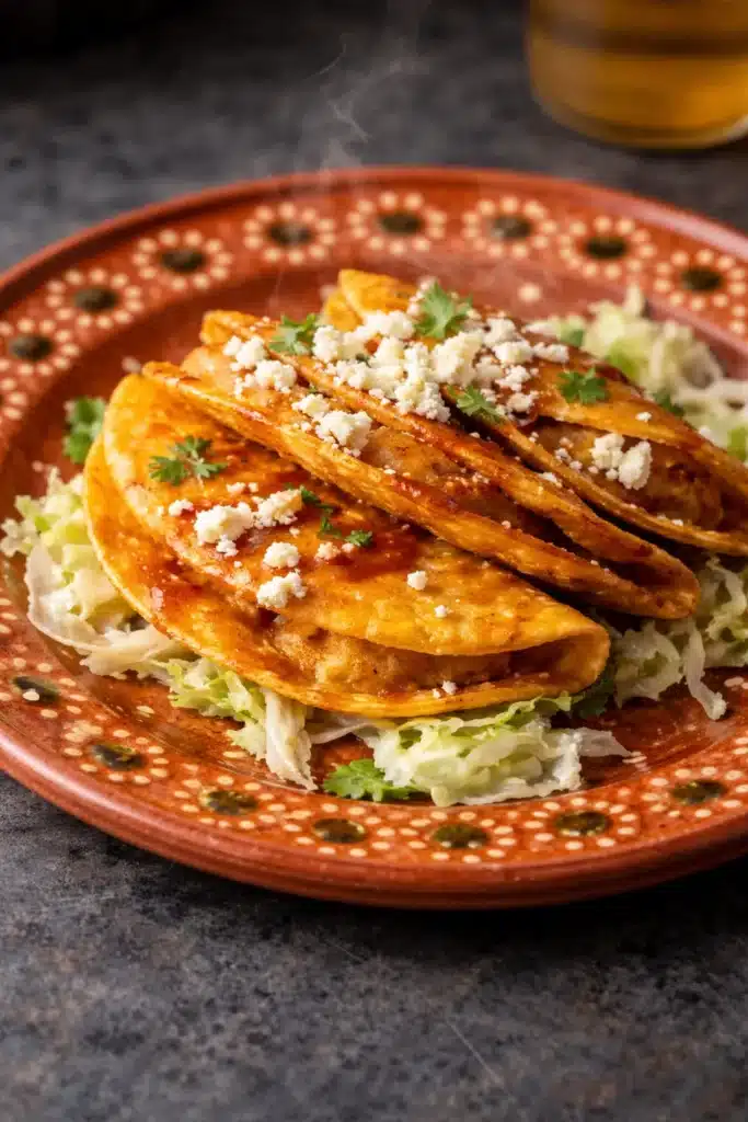 Crispy cheesy potato tacos with salsa, queso fresco, and lettuce on rustic plate