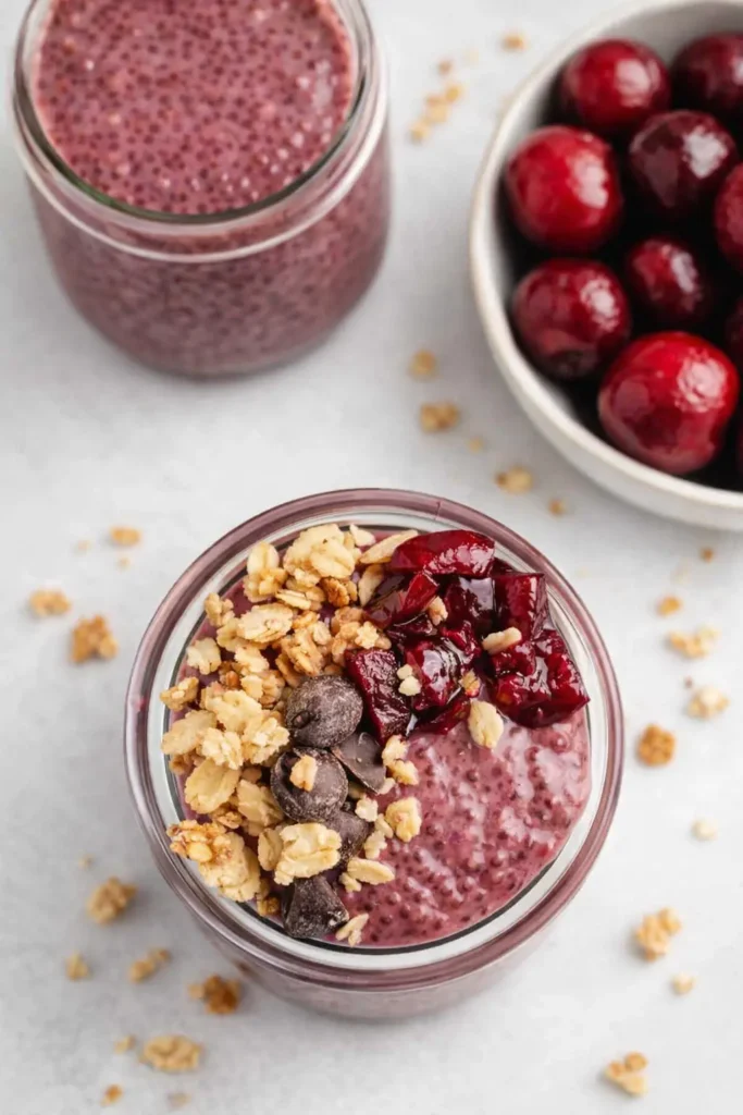 Cherry Chia Pudding Easy Amazing Healthy Recipe 4 Cherry chia pudding topped with granola chocolate chips and cherries