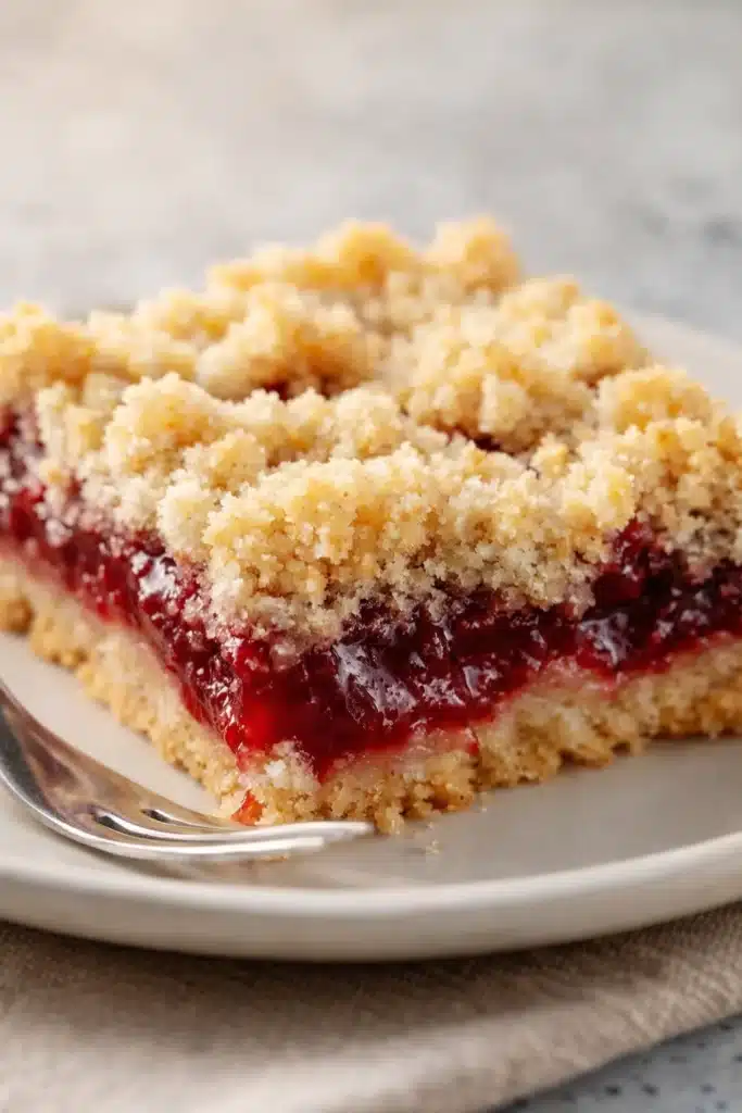 Cherry Crumble Bars Easy Amazing Homemade Treat 6 Cherry crumble bars on a plate with crumb topping and cherry filling