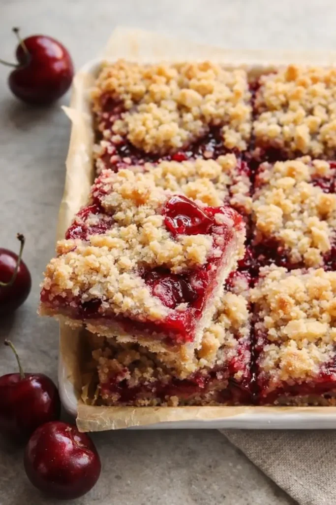 Cherry crumble bars with buttery topping and juicy cherry filling in baking dish