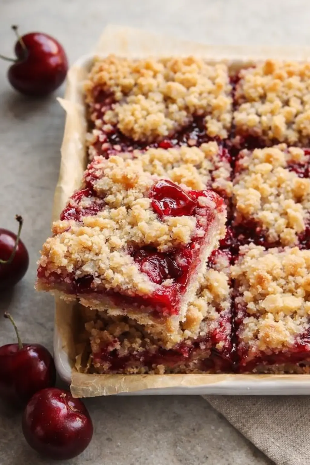Cherry crumble bars with buttery topping and juicy cherry filling in baking dish