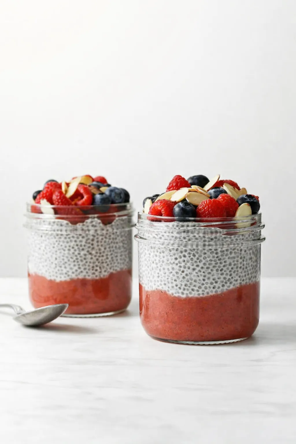 home 6 Chia pudding with berry layers and fresh fruit toppings in glass jar