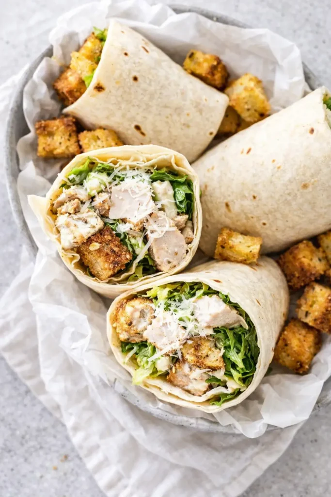Chicken Caesar Wrap Quick Amazing Dinner 6 Chicken Caesar Wrap with crispy chicken, lettuce, and dressing in a bowl
