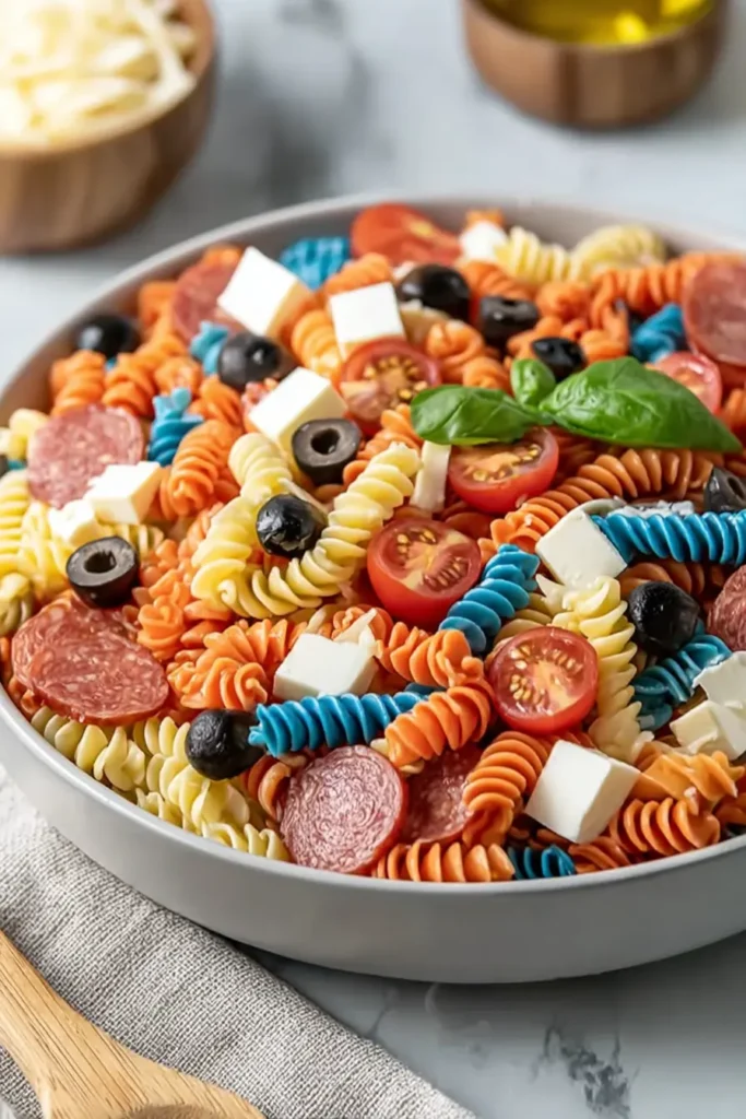 Chilled 4th of July pasta salad with tri color rotini, cheese cubes, olives, and tomatoes