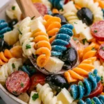 Colorful chilled 4th of July pasta salad with rotini, cheese, olives, and fresh herbs