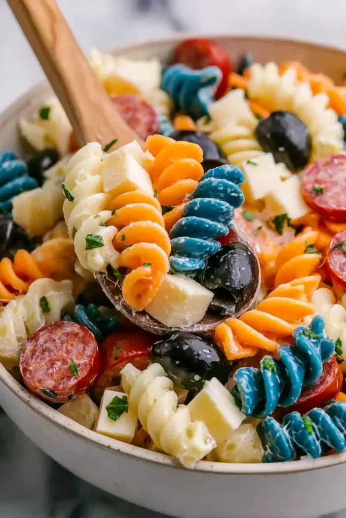 Colorful chilled 4th of July pasta salad with rotini, cheese, olives, and fresh herbs