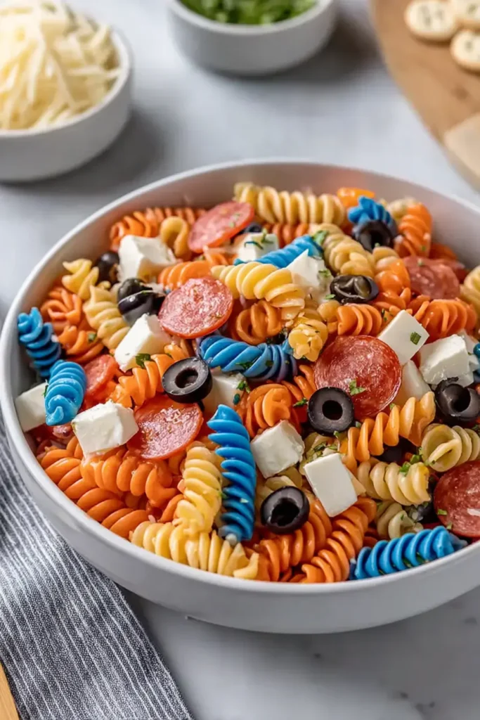 Chilled 4th of July pasta salad with tri color rotini, cheese, olives, and pepperoni