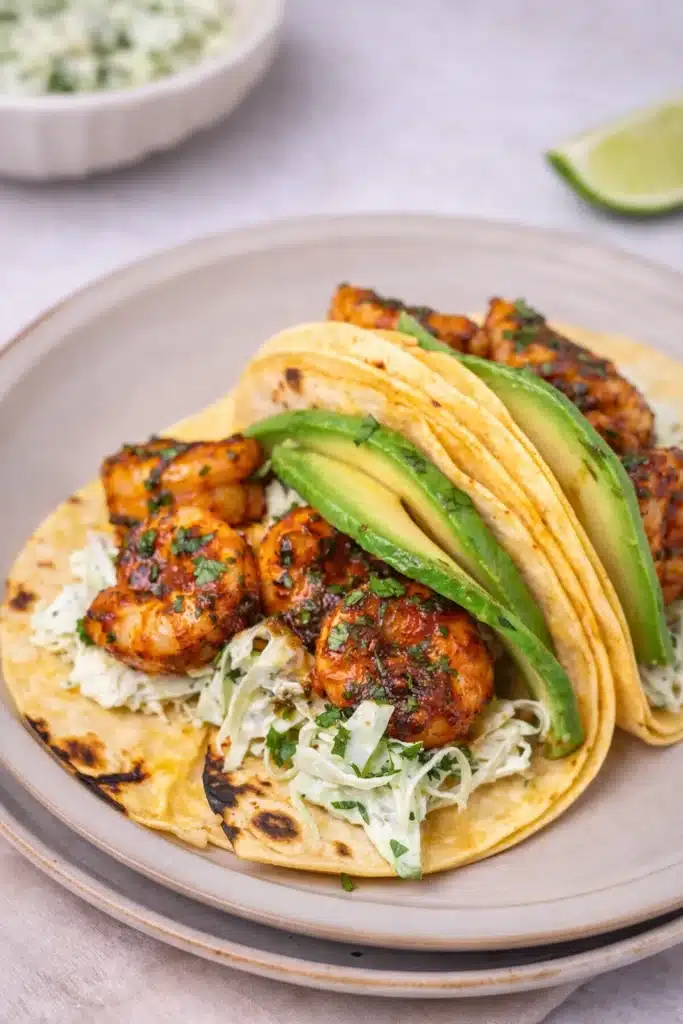 Cilantro Lime Shrimp Tacos with avocado and creamy slaw on corn tortillas