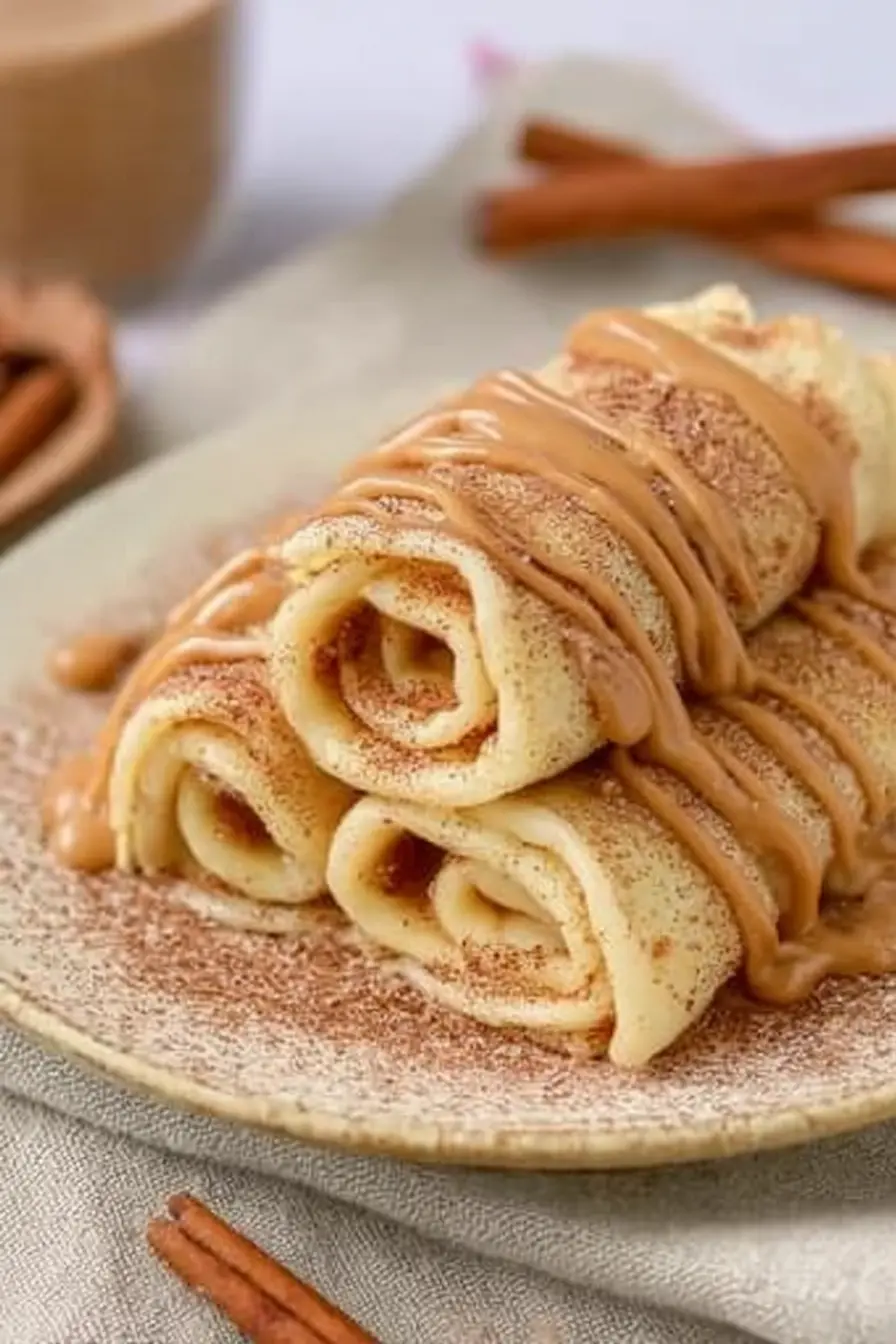 Cinnamon roll protein crepes with cinnamon sugar and creamy drizzle on a plate