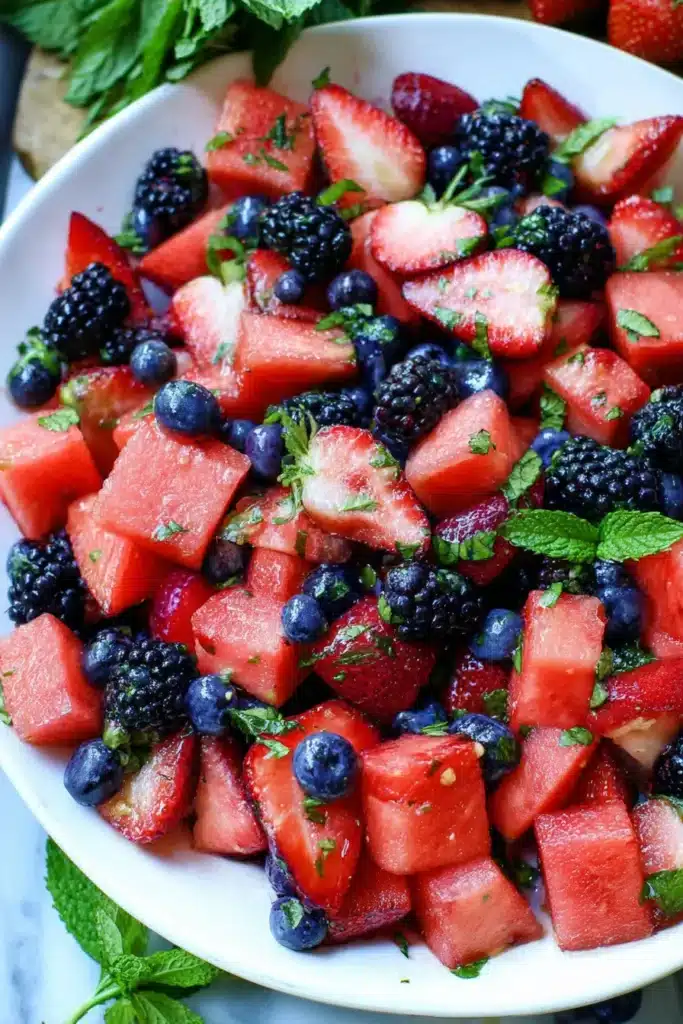 Close-up Berry Watermelon Fruit Salad with fresh berries and mint