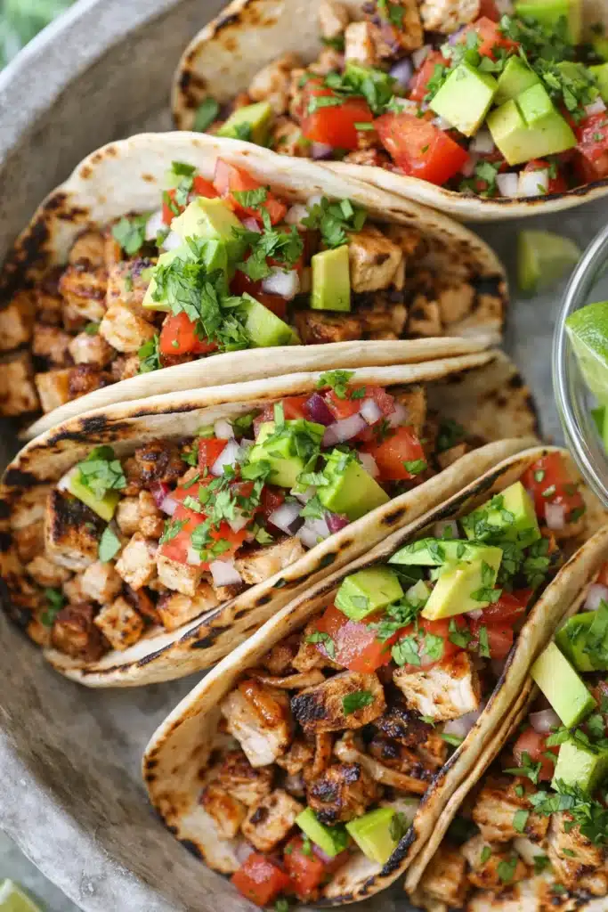 Easy chicken tacos with avocado and pico de gallo close-up