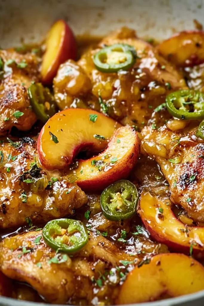 Close-up jalapeno peach chicken with glossy sauce, peaches, and jalapeno slices