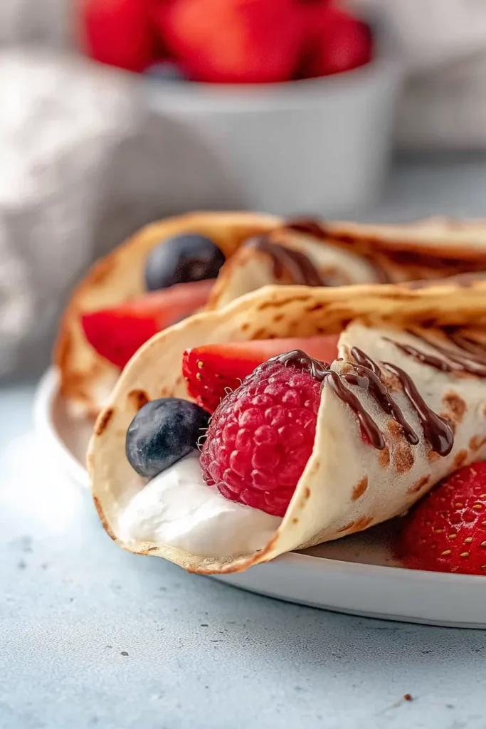 Close up of Pancake Tacos with Fruit, yogurt, and chocolate drizzle