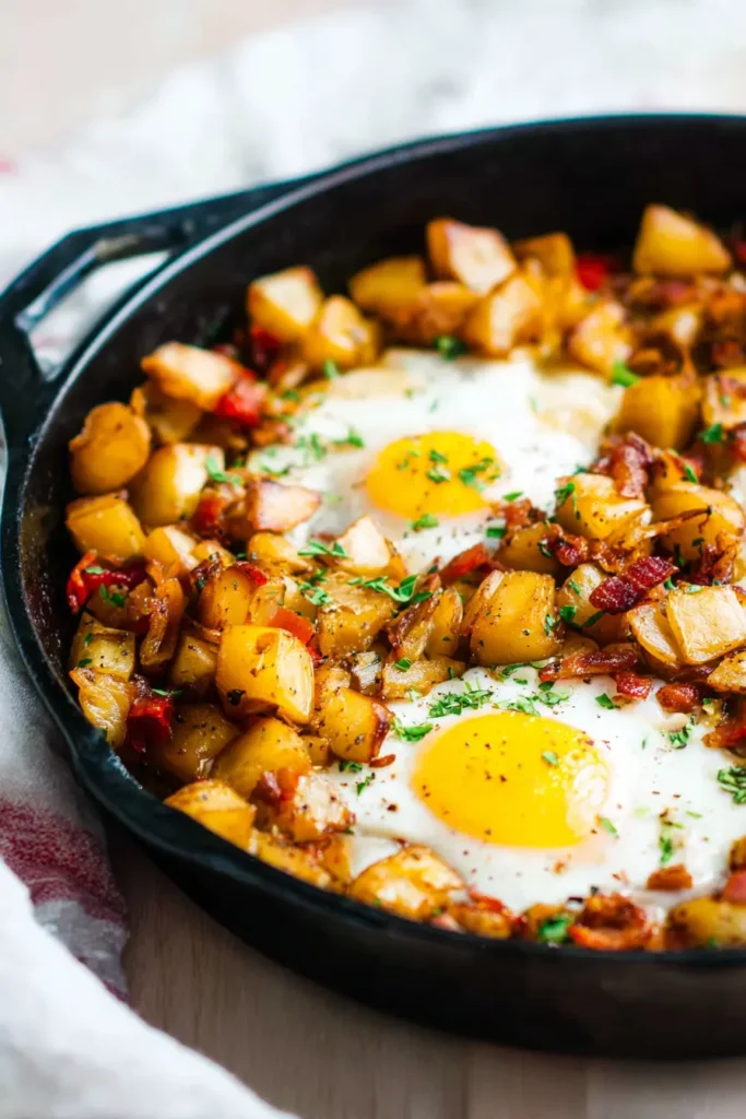 Close-up of Potato and Egg Hash with crispy potatoes and soft eggs