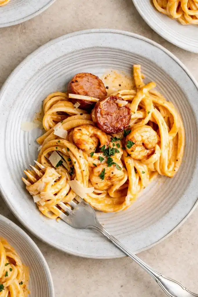 Creamy Cajun Shrimp Pasta plated with sausage and creamy sauce