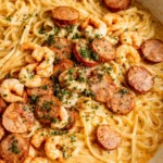 Creamy Cajun shrimp pasta with sausage in rich garlic cream sauce