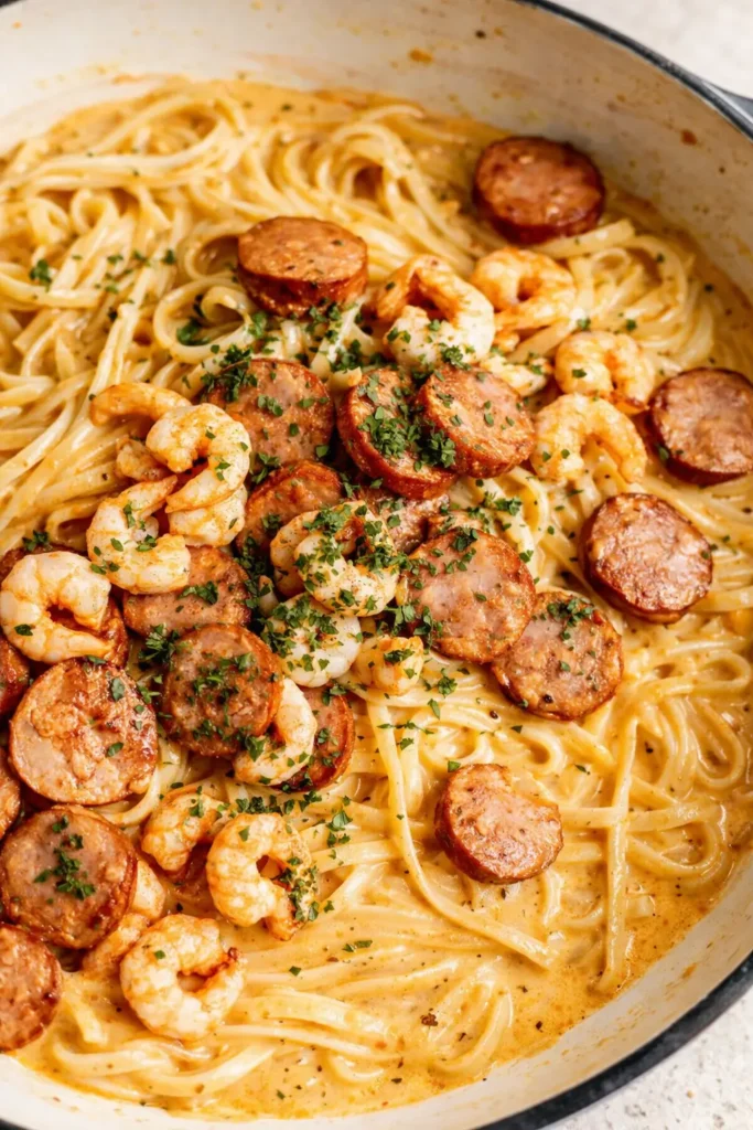 Creamy Cajun shrimp pasta with sausage in rich garlic cream sauce