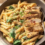 Creamy garlic parmesan chicken pasta with penne, spinach, and sliced chicken in rich sauce