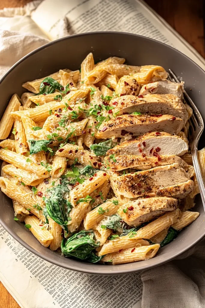 Creamy garlic parmesan chicken pasta with penne, spinach, and sliced chicken in rich sauce