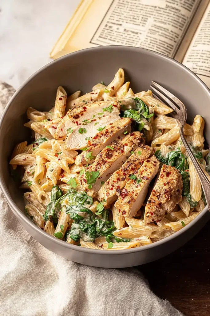 Creamy Garlic Parmesan Chicken Pasta with penne, spinach, and sliced chicken in rich sauce