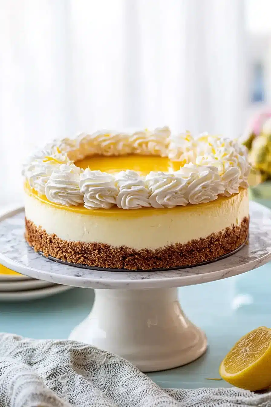 Lemon cheesecake with creamy filling and glossy topping on a cake stand