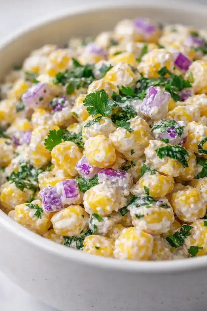 Street Corn Salad with Greek Yogurt showing creamy texture and fresh herbs