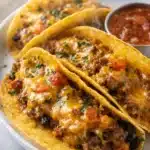Baked Tacos: Crispy, Cheesy, and Easy Weeknight Favorite 13 Crispy baked tacos with melted cheese, ground beef, and salsa on a plate