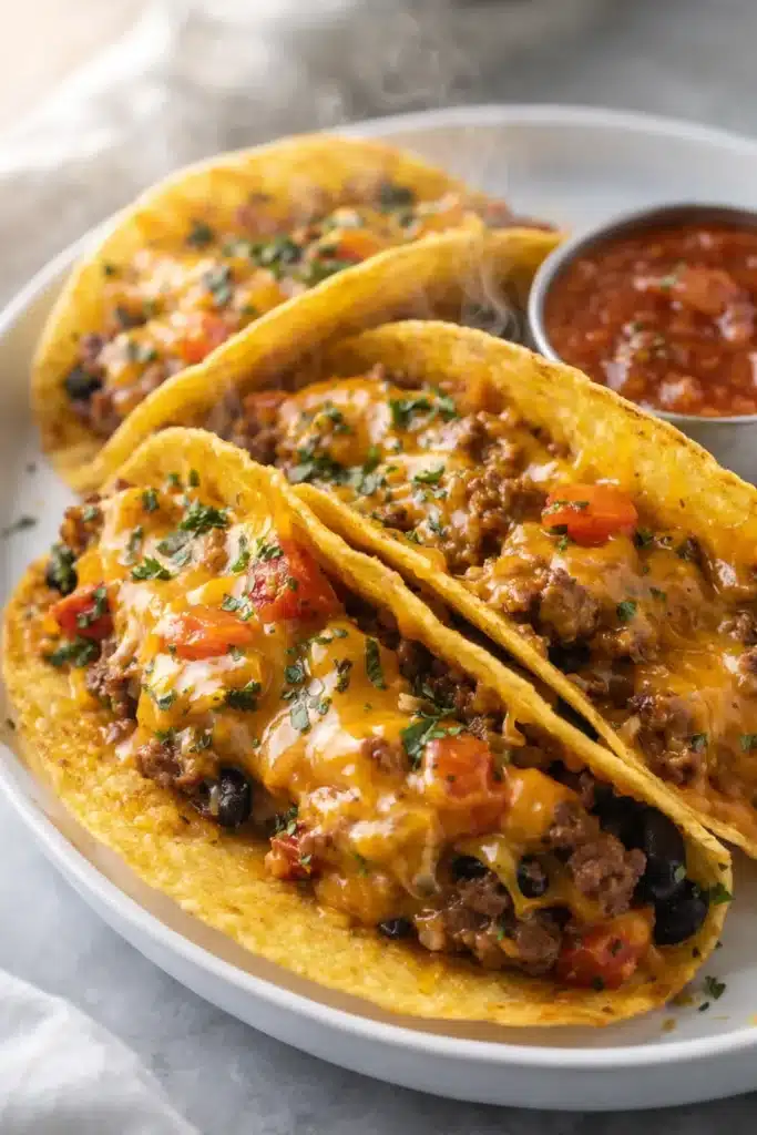 Crispy baked tacos with melted cheese, ground beef, and salsa on a plate