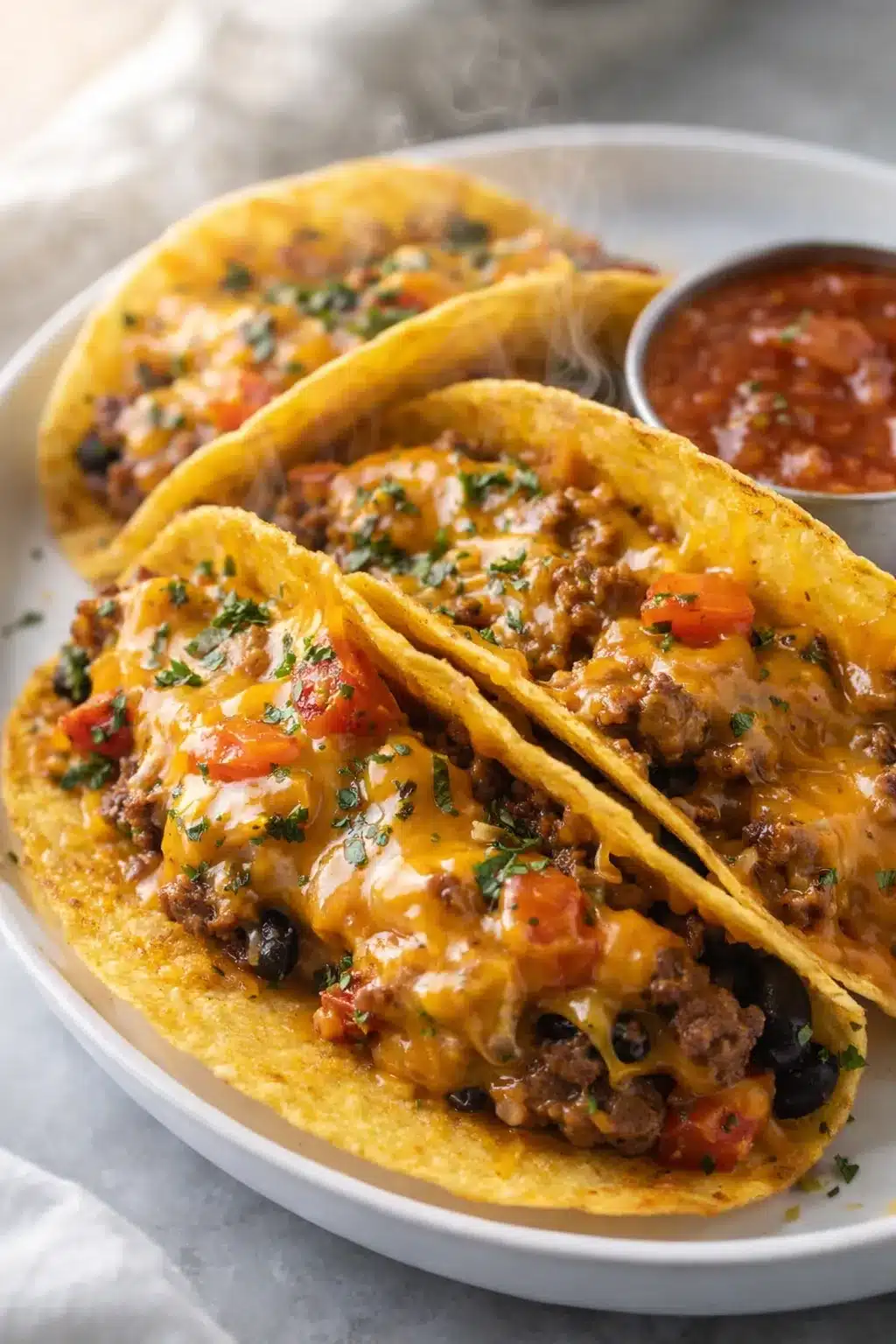 Crispy baked tacos with melted cheese, ground beef, and salsa on a plate