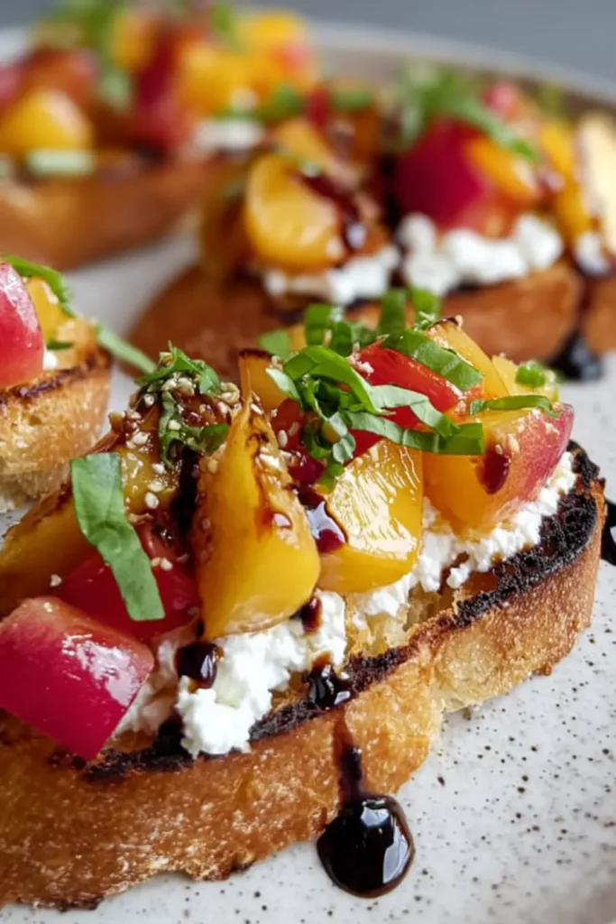 Peach Bruschetta with Whipped Ricotta on crispy toasted bread with balsamic glaze